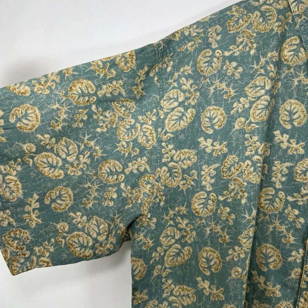 Vintage Bugle Boy Short Sleeve Button Down Shirt Mens XL Blue Beige Floral Ramie